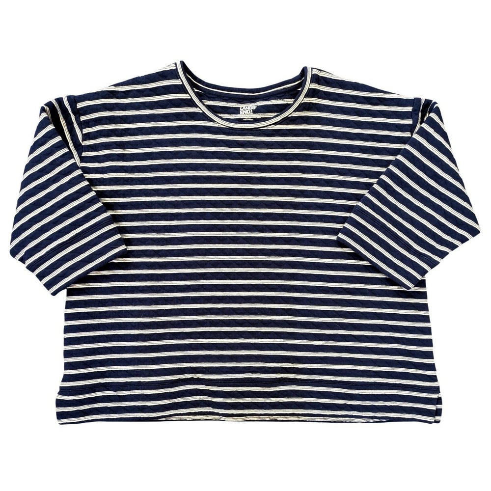 Lands End Quilted Navy white Striped Sweatshirt Women's Size 2X Short sleeve‎